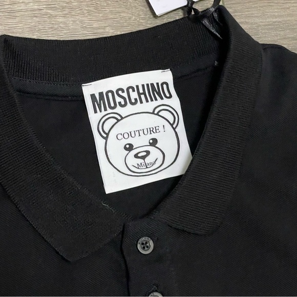 Moschino Couture Men's Teddy Bear Patch Polo Shirt Black Short Sleeve Sz 42 NWT - Picture 4 of 11